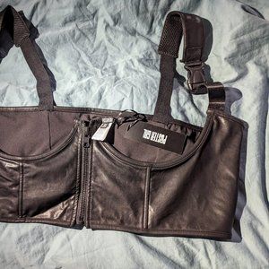 Sexy vegan leather underbust zip-up half corset with padded shoulder straps